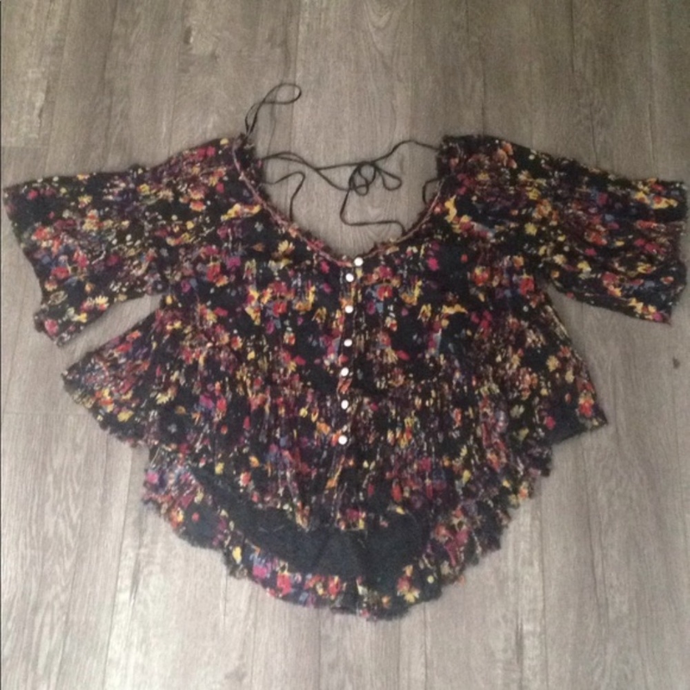 Free People black Floral Boho Button Down top S